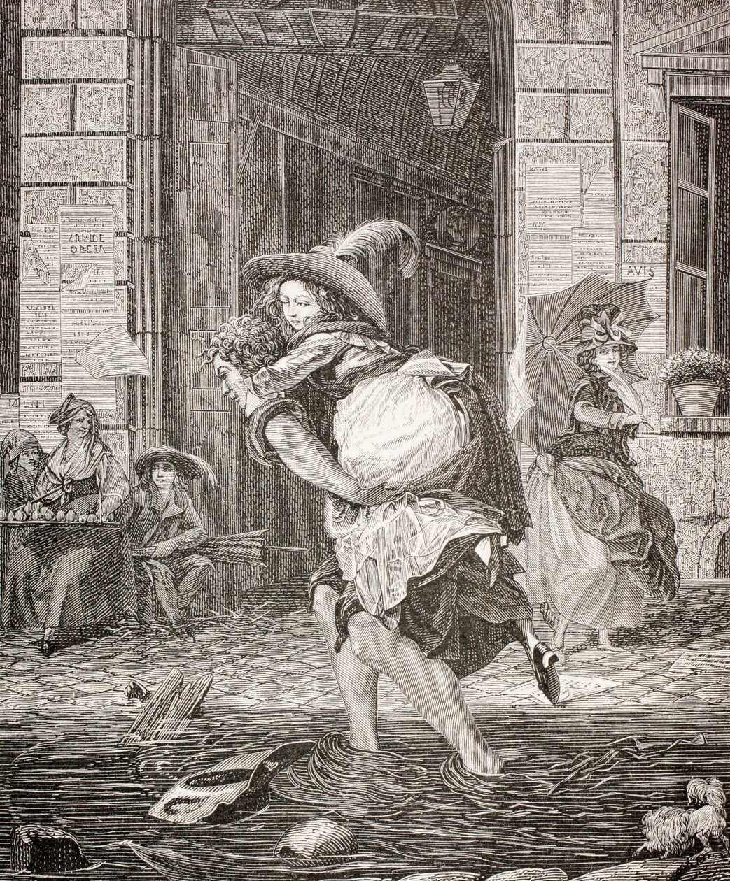 Un porteur transportant une femme à travers la rue un jour de pluie à Paris au XVIIIe siècle, 1875 - French School