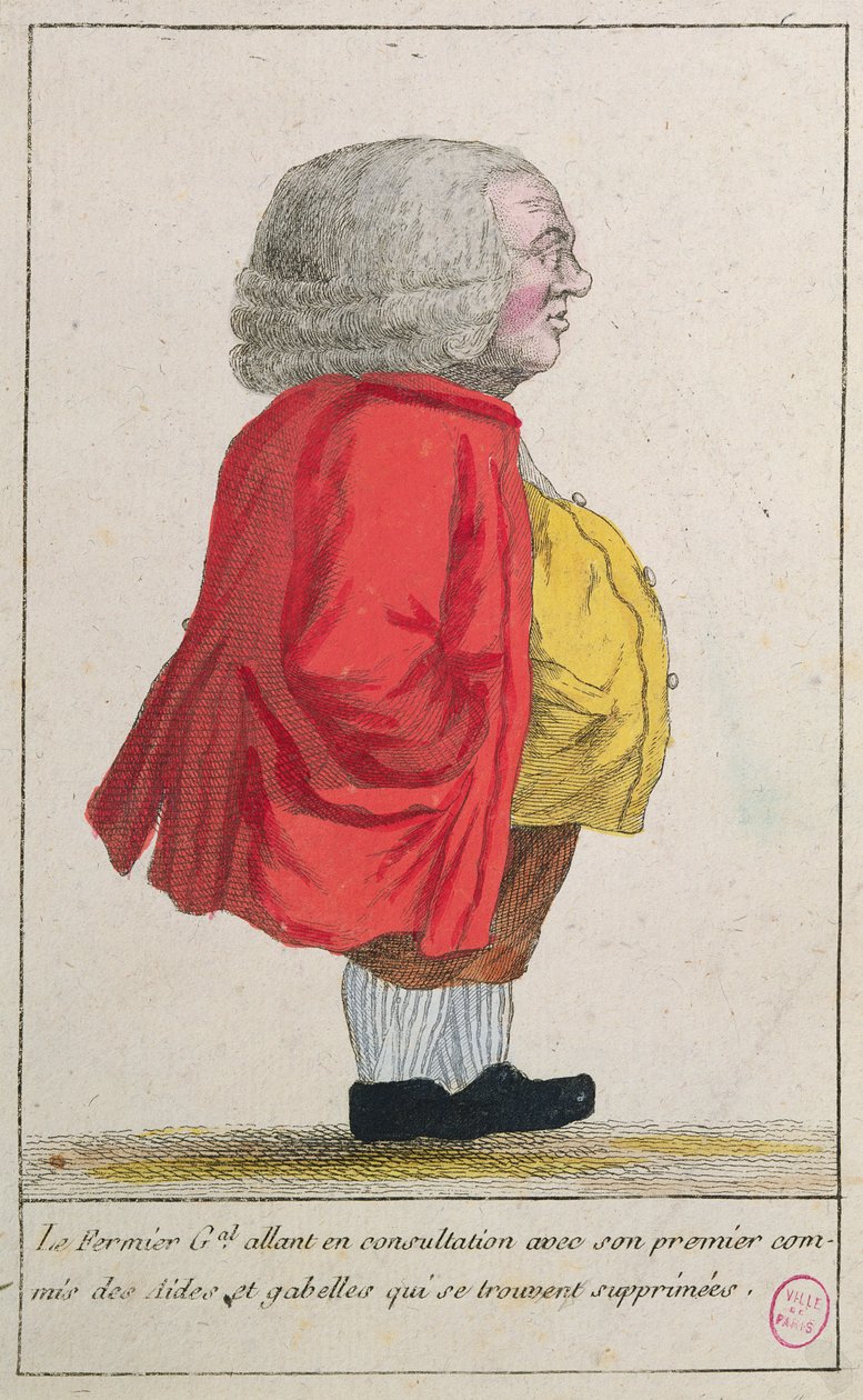 Caricature représentant le fermier général allant consulter son principal fonctionnaire civil chargé du bien-être et des impôts sur leur abolition - French School