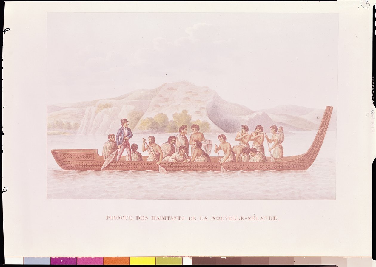 Pirogue pilotée par des indigènes de Nouvelle-Zélande, illustration de 