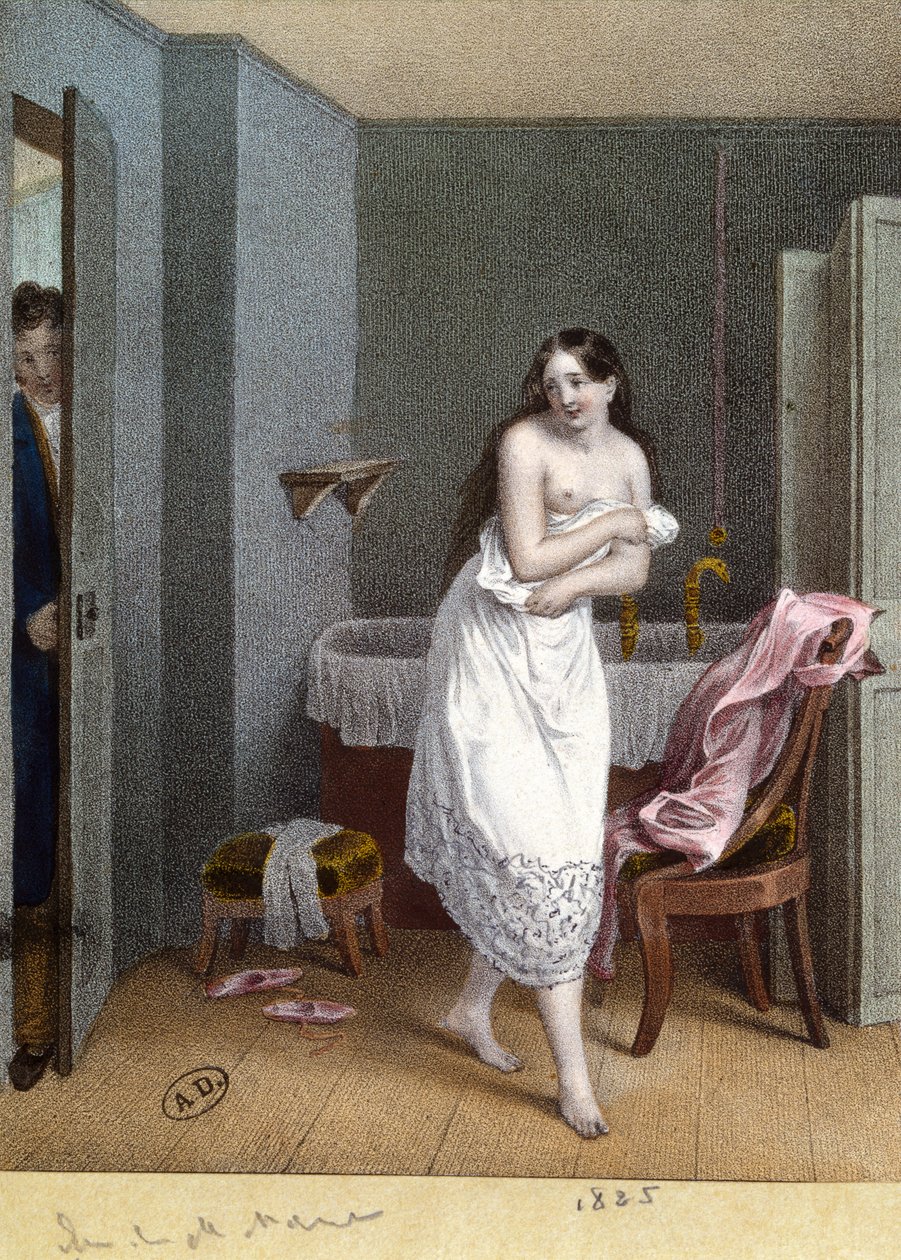 Fille dans une salle de bain et homme ouvrant la porte, 1825 - French School