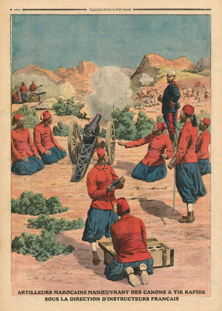 Artilleurs marocains utilisant des canons sous le commandement d