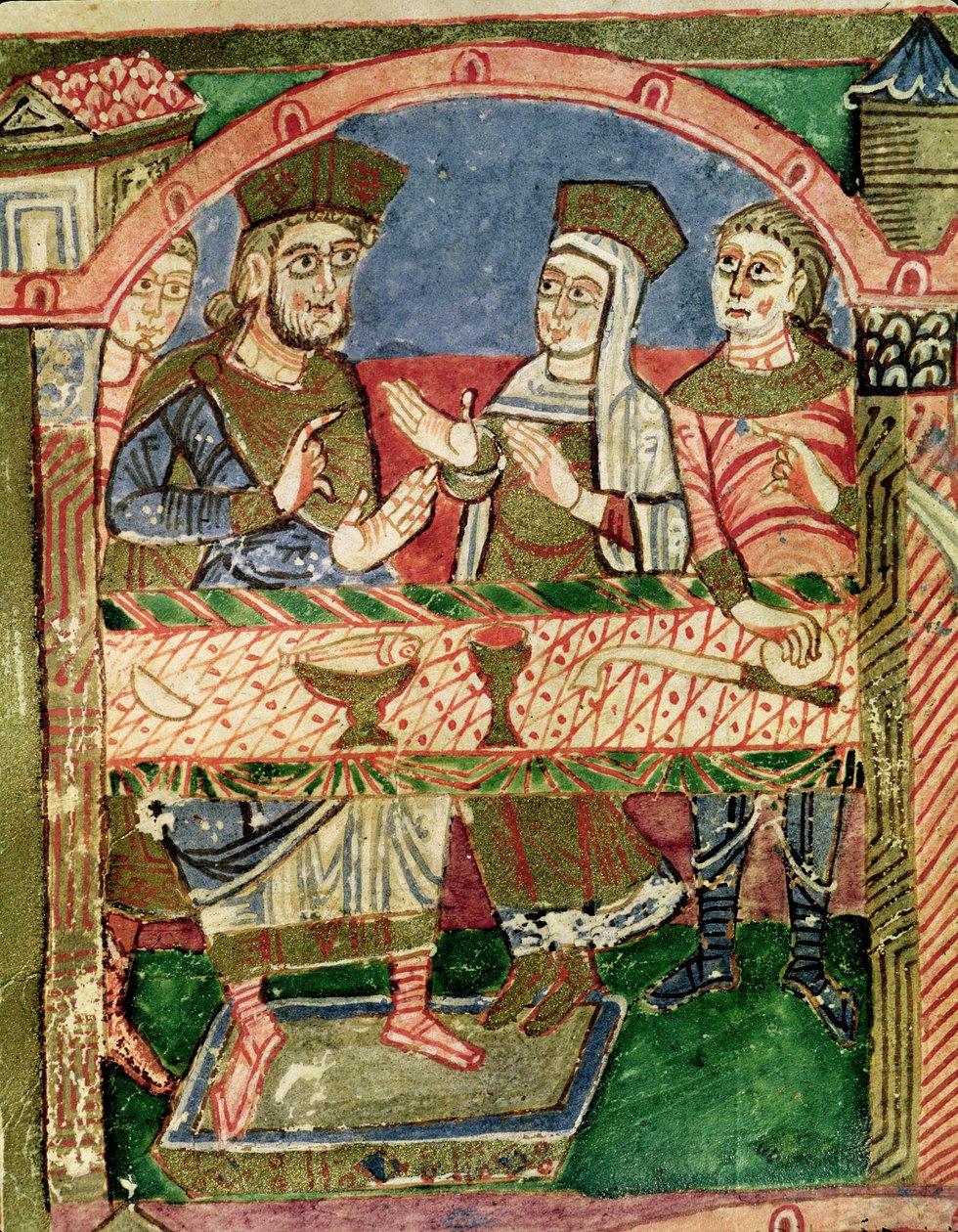 Ms 250 f.24r Sainte Radegonde (518-87) à la table de Clothaire Ier (497-561) de la Vie de Sainte Radegonde (détail) - French School