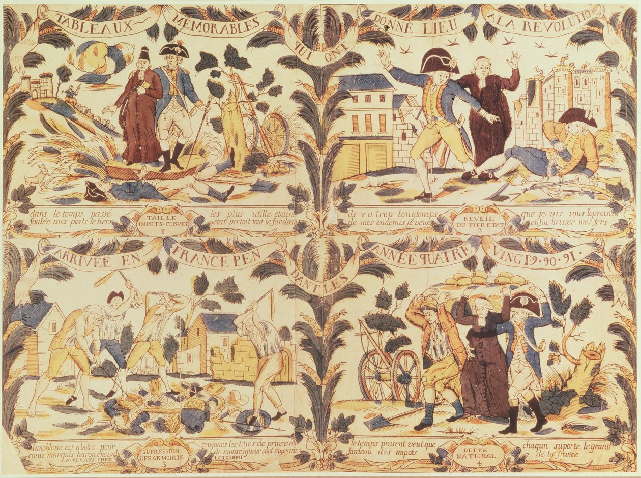 Imagerie populaire mettant en évidence dans des bandes dessinées les principales causes de la Révolution en France, vers 1792 - French School