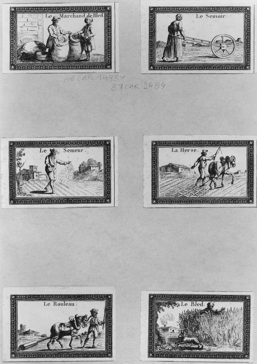 Six vignettes représentant la culture des céréales - French School