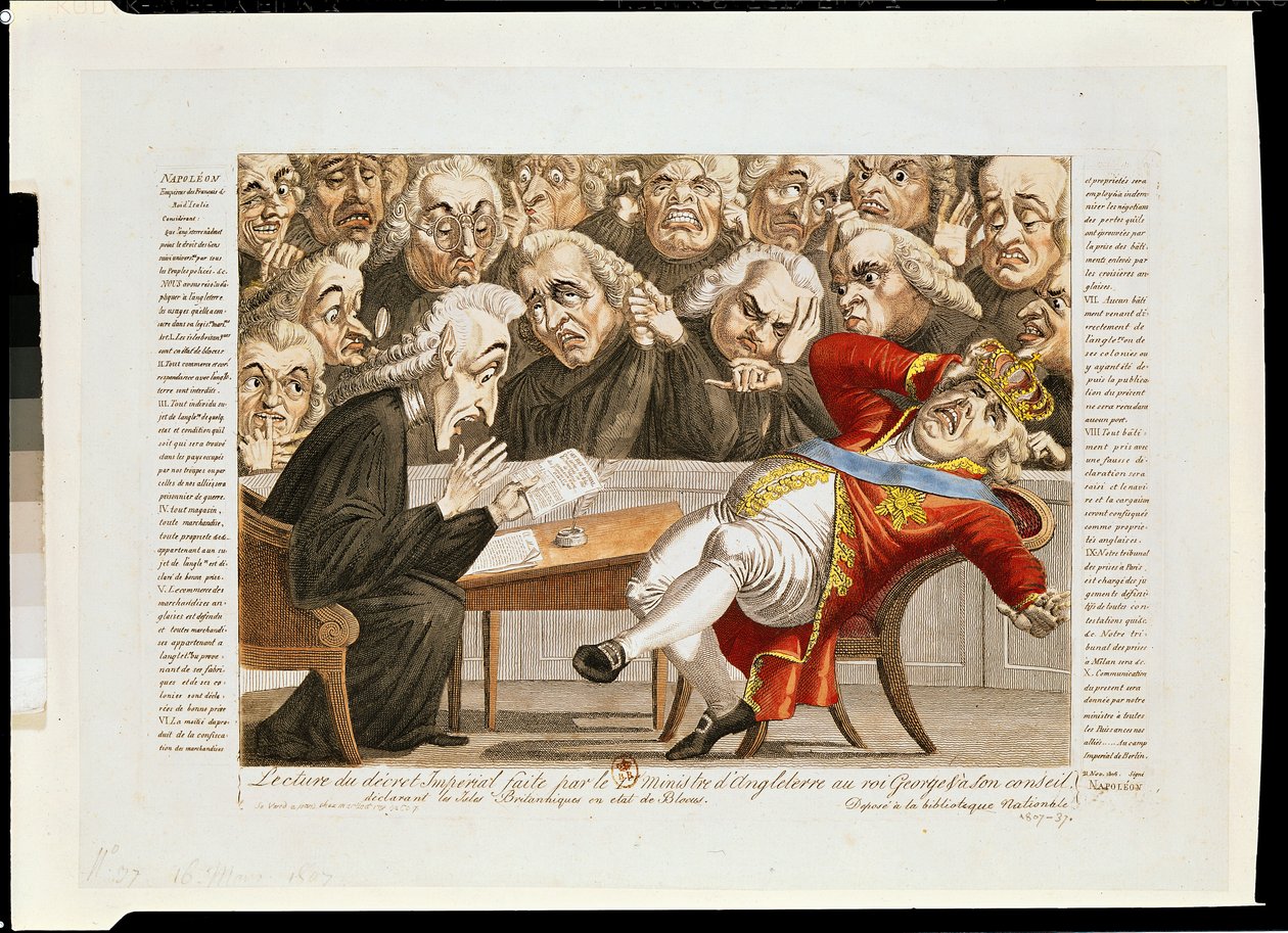 Le ministre anglais lisant le décret impérial à George III déclarant que les îles britanniques sont soumises à un blocus, 21 novembre 1807 - French School