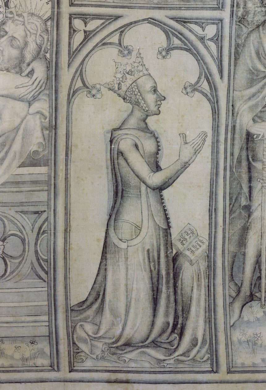 Le Parement de Narbonne, détail de Jeanne de Bourbon (1338-77) priant, vers 1375 (grisaille sur soie) (détail) - French School