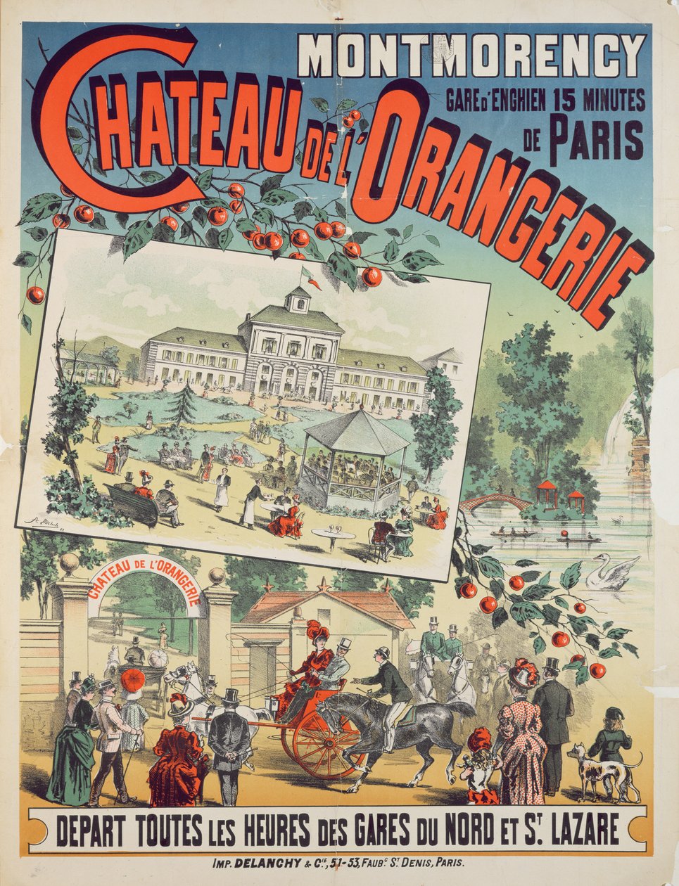 Affiche de voyage faisant la publicité des voyages en train de Paris au 