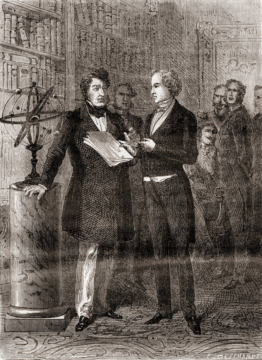 Urbain Jean Joseph Le Verrier, à droite, reçu par le roi Louis-Philippe, à gauche, aux Tuileries, Paris, France, après sa découverte de la planète Neptune en 1846, extrait de Les Merveilles de la Science - French School