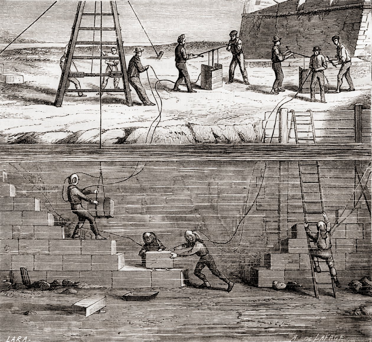 Travailleurs en scaphandres travaillant sur des constructions sous-marines au 19e siècle, extrait de Les Merveilles de la Science, publié c.1870 - French School