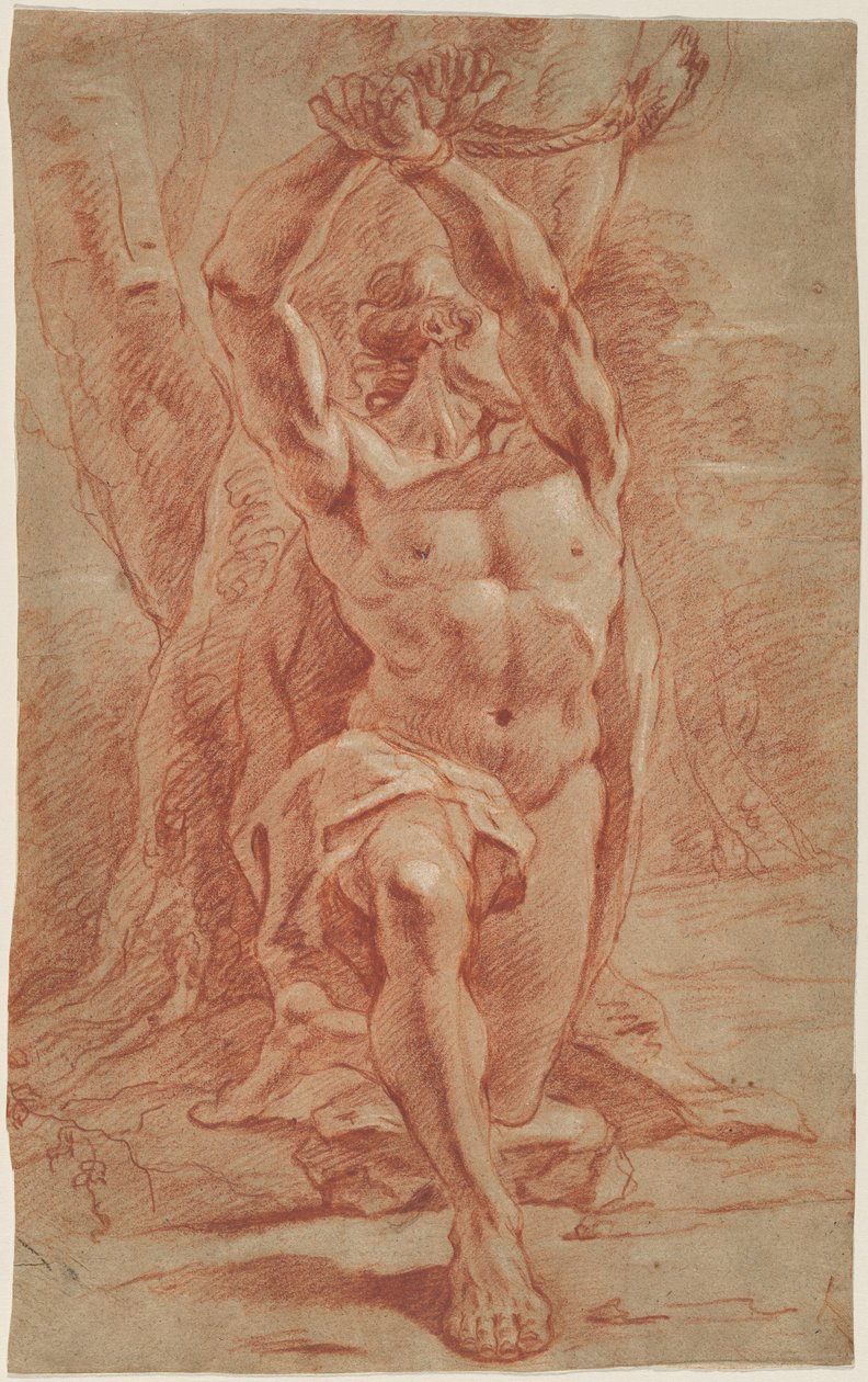 Homme agenouillé attaché à un arbre - French 17th Century