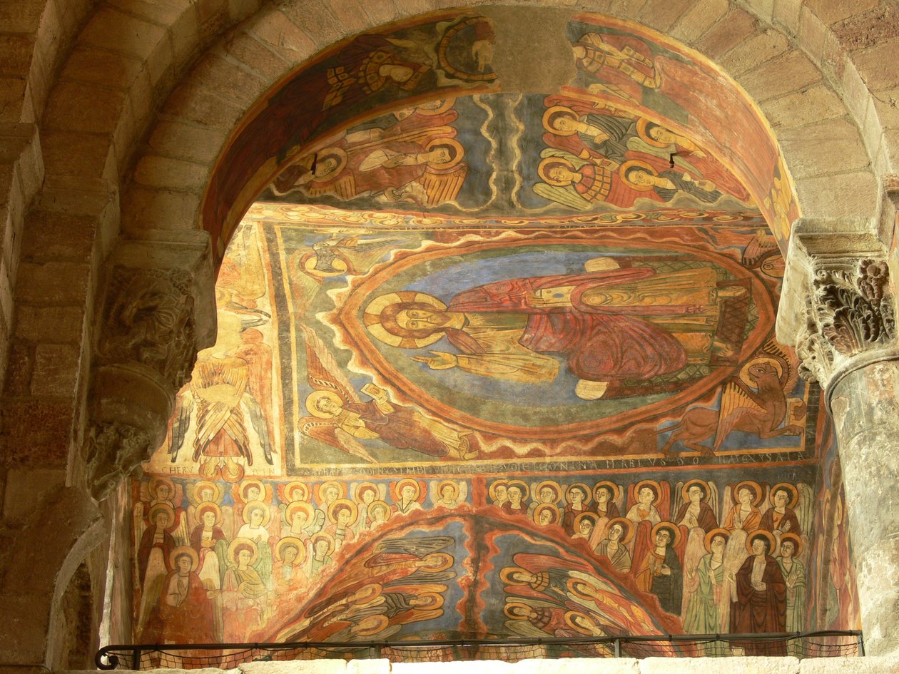Représentant une vue intérieure avec des peintures murales - French School
