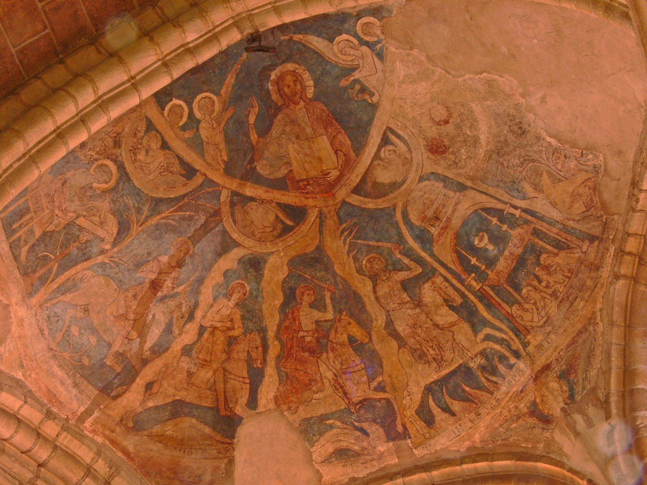 Représentant une vue intérieure avec des peintures murales - French School