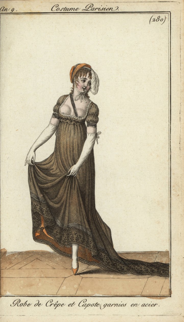 Femme à la mode en robe de crêpe révélant les seins - French School
