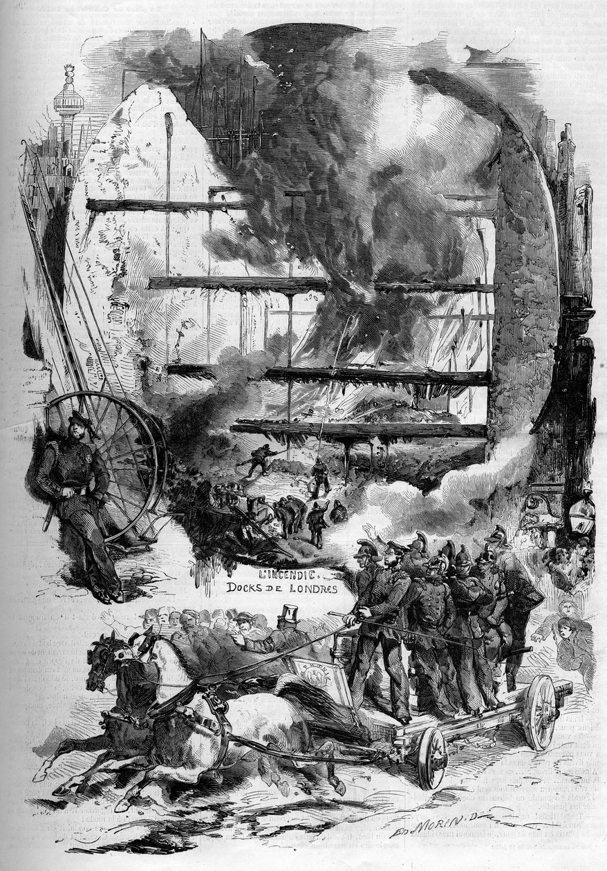 Incendie des docks à Londres, Angleterre - French School