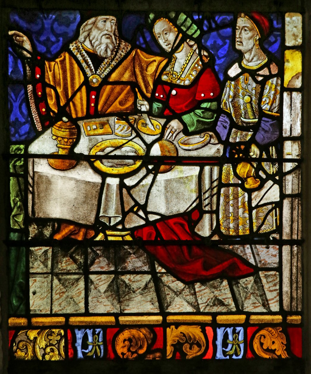 Vitrail représentant une scène de repas - French School
