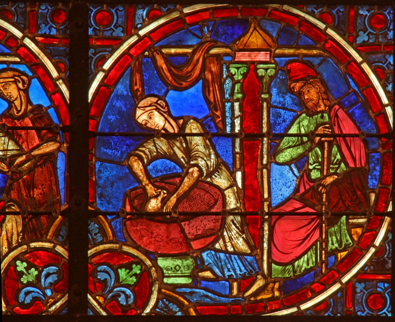 Fenêtre w2 représentant la Nativité avec des sages-femmes - French School