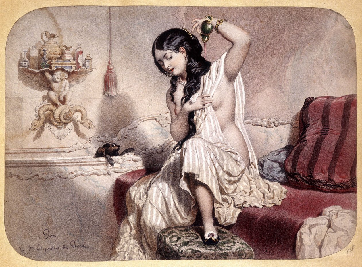 Femme se parfumant après le bain - lithographie, v.1860 - French School