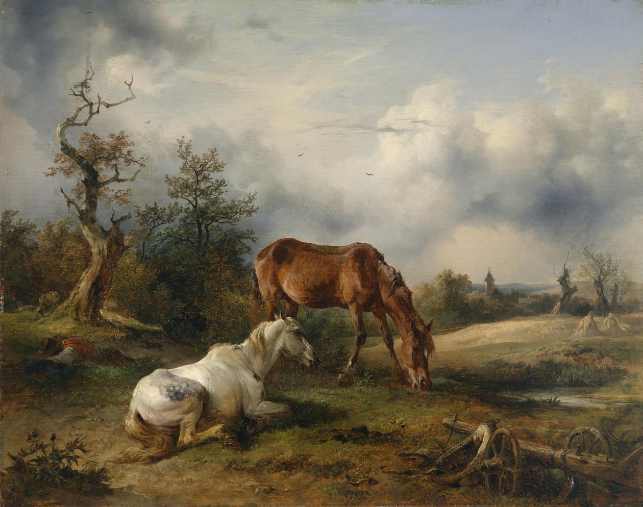 Deux chevaux (un gris et un alezan) au pâturage - Friedrich Gauermann