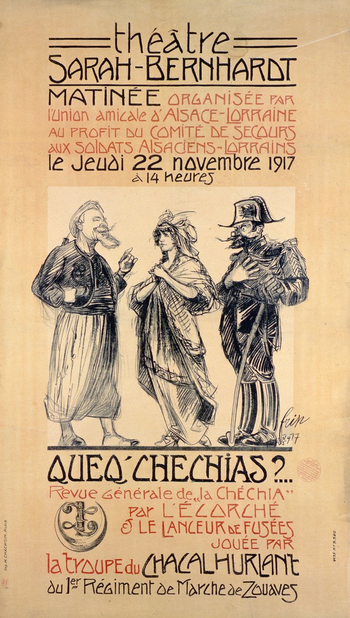 Affiche publicitaire pour une matinée de bienfaisance au théâtre Sarah Bernhardt, Paris, pour aider les soldats d