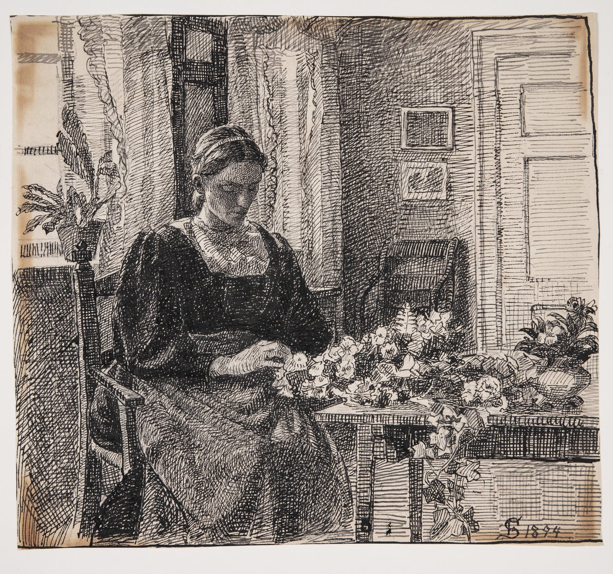 Ma femme (Mme Anna Syberg) faisant une couronne - Fritz Syberg