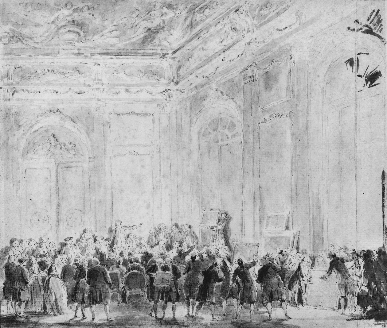 Scène avec une vente de peintures - Gabriel de Saint Aubin