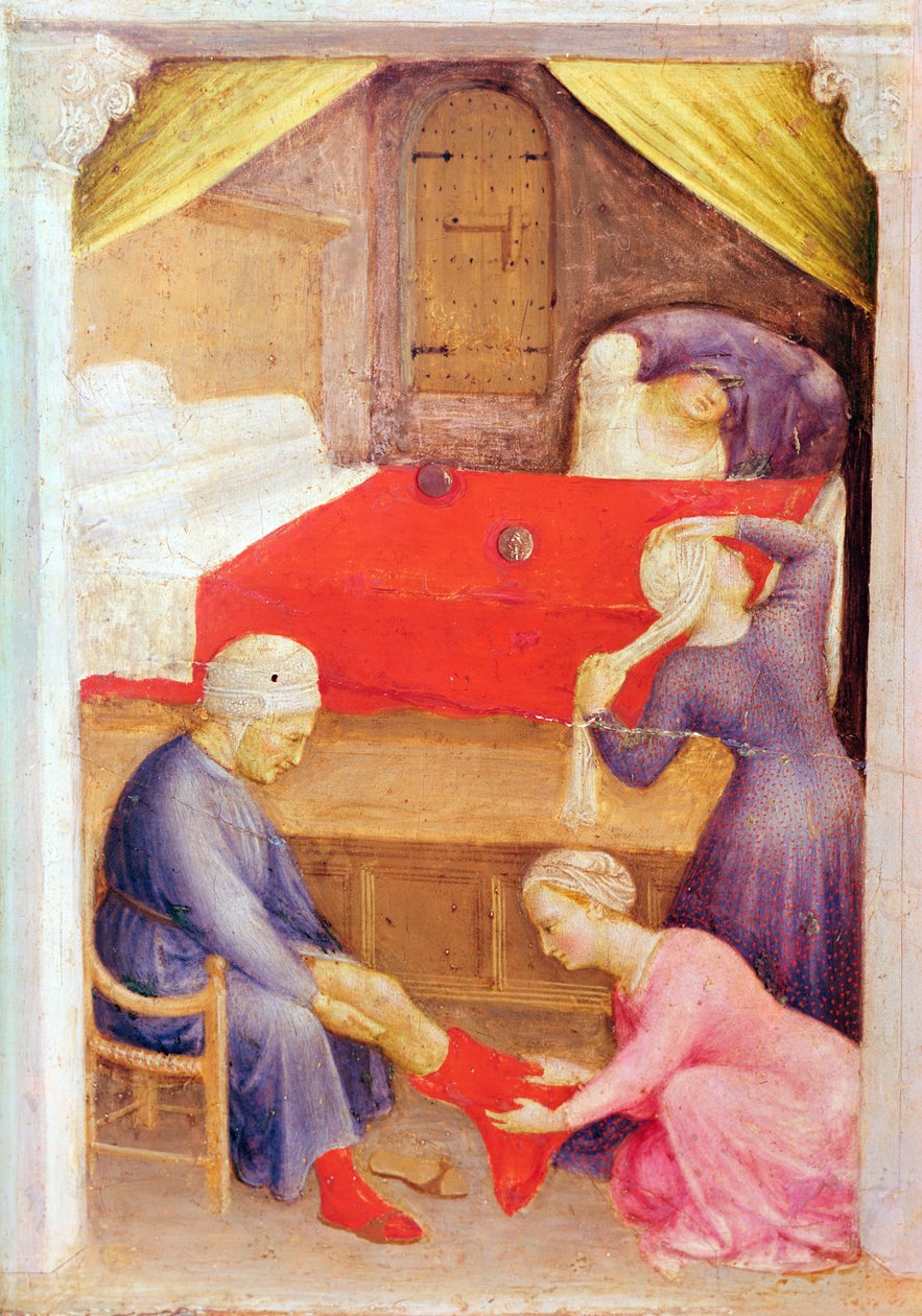 Saint Nicolas et les trois pauvres jeunes filles, détail du panneau de prédelle du retable Quaratesi, 1425 (tempera sur panneau) - Gentile da Fabriano