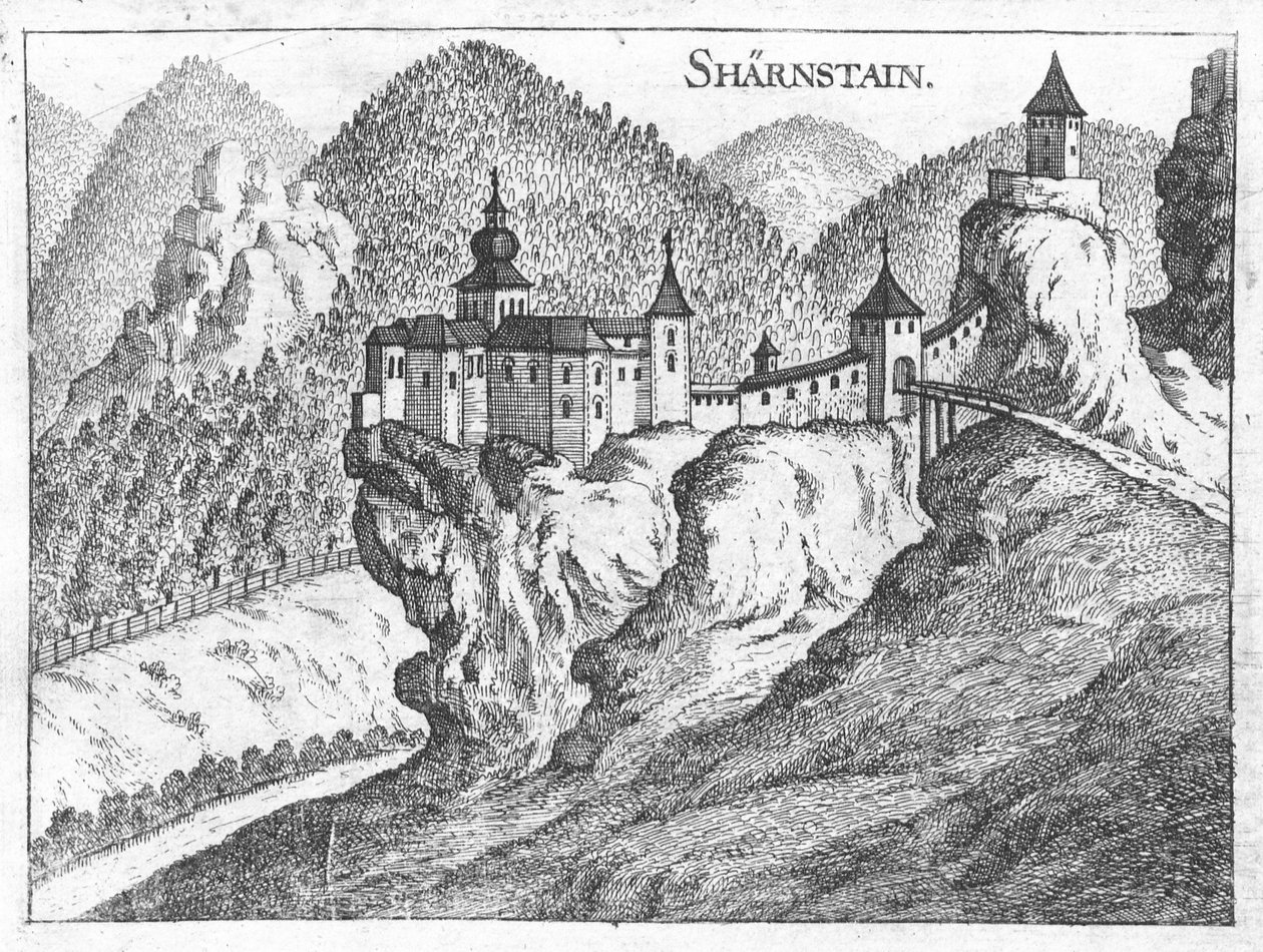 Gravure, vue du château de Scharnstein, Haute-Autriche - Georg Matthaus Vischer
