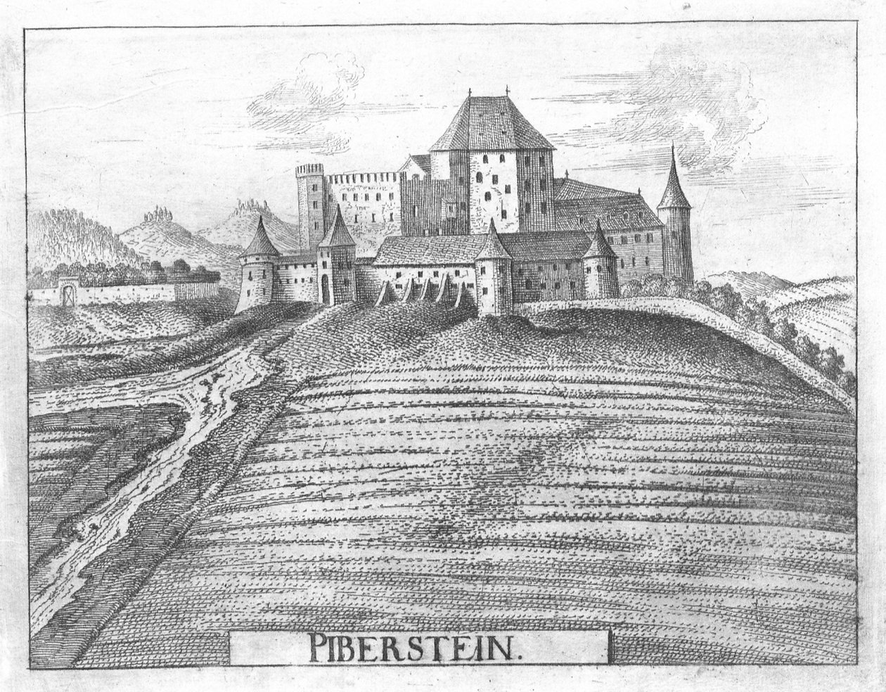 Gravure, Vue du château de Piberstein, Haute-Autriche - Georg Matthaus Vischer