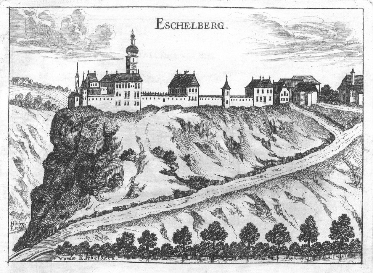 Gravure, vue du château d