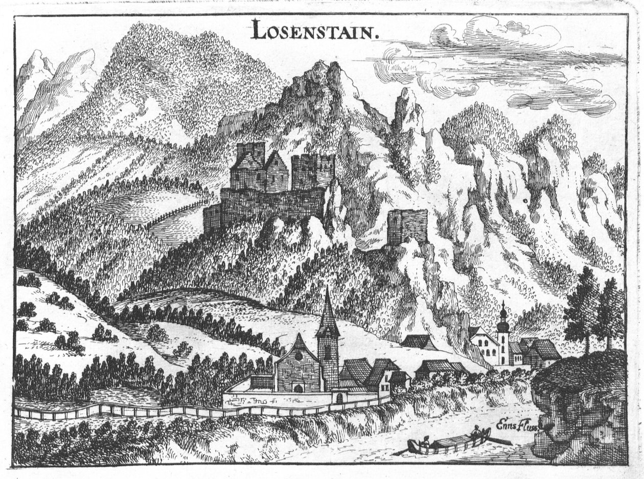 Gravure, vue du château de Losenstein, Haute-Autriche - Georg Matthaus Vischer
