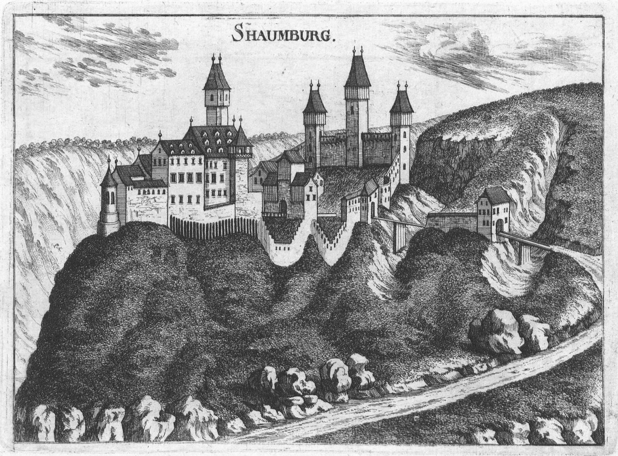Gravure, vue du château de Schaunburg, Haute-Autriche - Georg Matthäus  Vischer