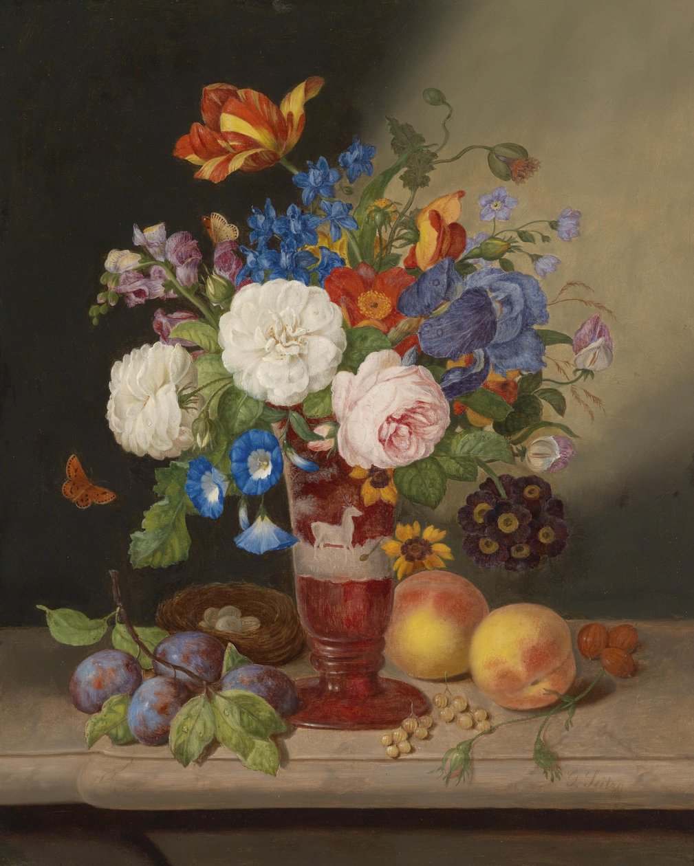 Bouquet de fleurs dans un vase, entouré de fruits - Georg Seitz