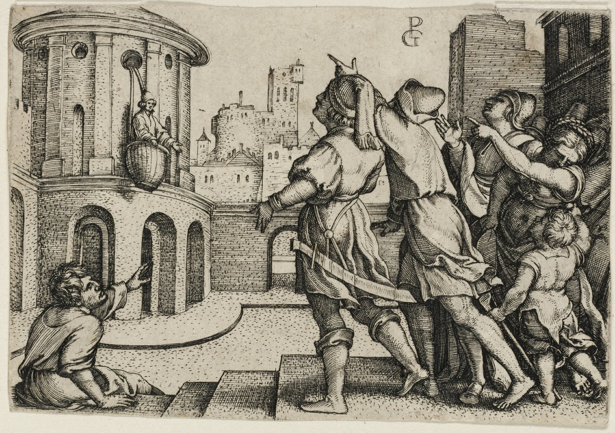 Virgile suspendu dans un panier, copie - Georg Pencz