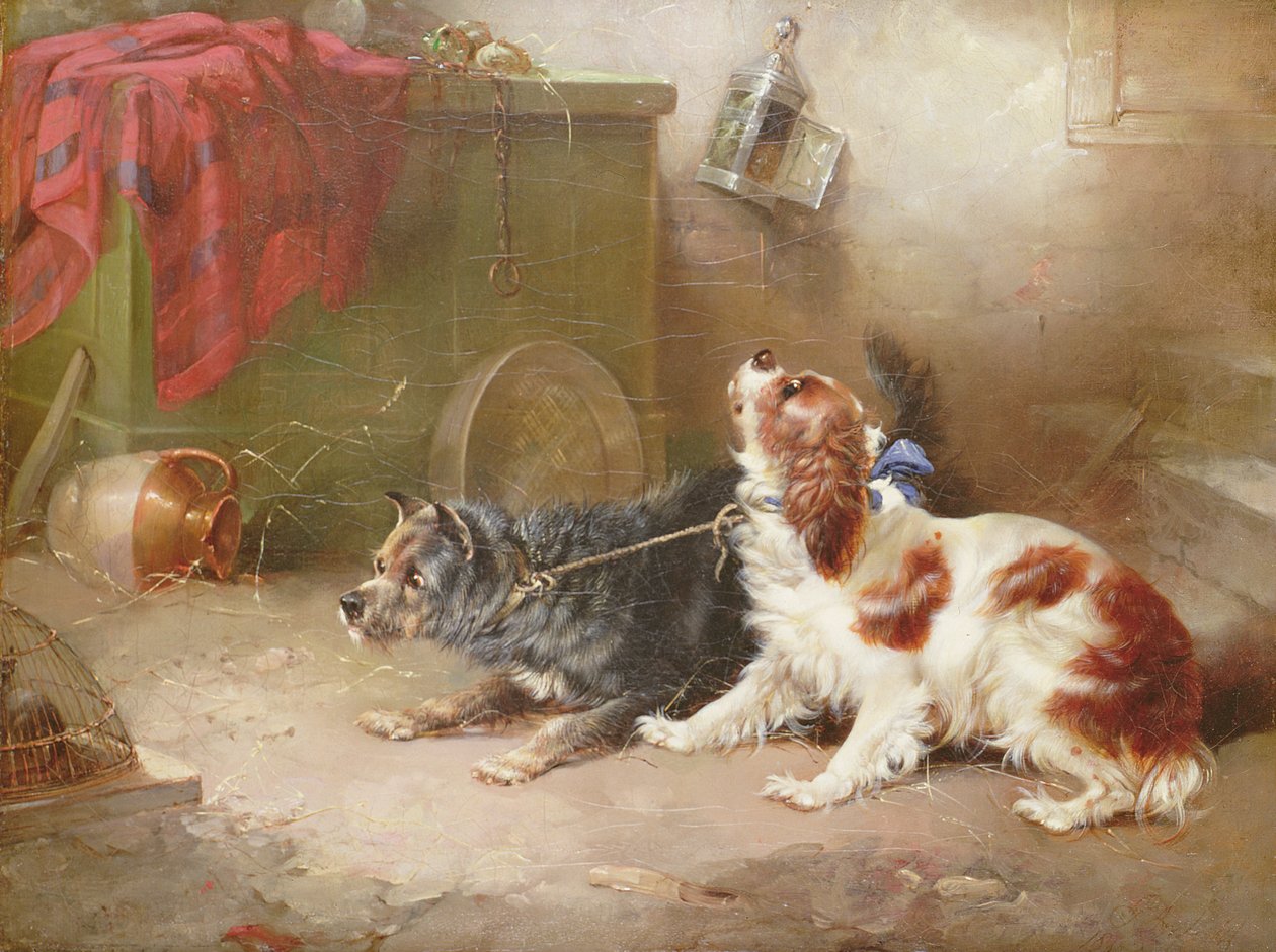 Un Terrier et un King Charles Spaniel effrayant un rat - George Armfield
