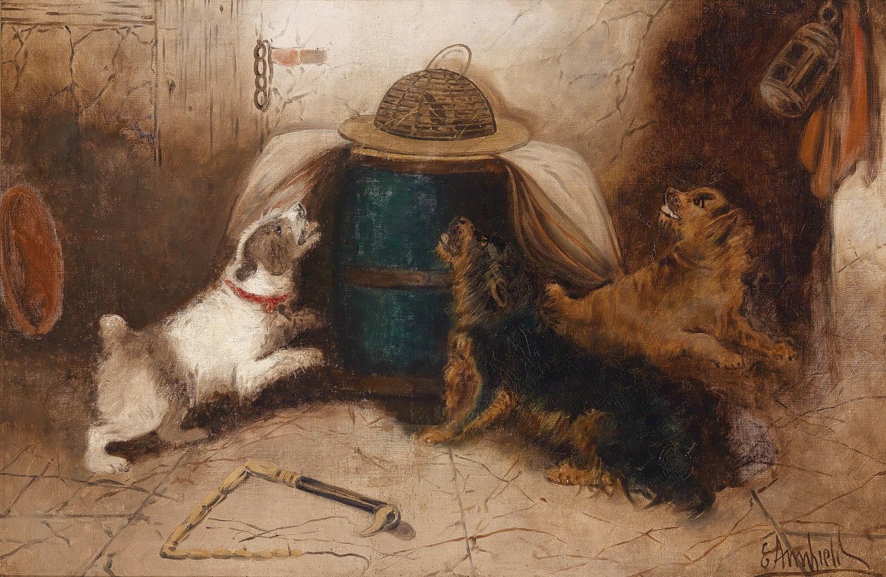 Trois chiens aboyant à une souris - George Armfield