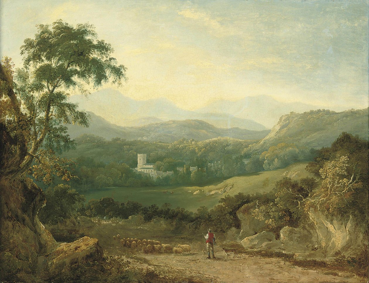 Paysage montagneux près de Porthmadog, avec un berger, son troupeau et un colley dans une allée, un voyageur au loin, des vaches dans une vallée et un village au-delà - George Barret