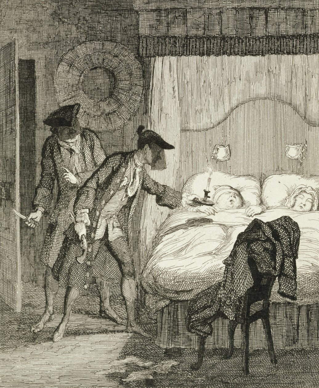 Jack et son complice Blueskin volent M. Wood et sa femme dans leur chambre, illustration de 