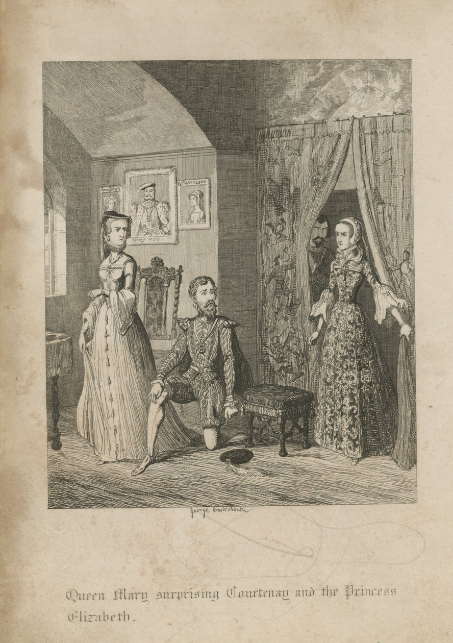 La reine Mary surprenant Courtenay et la princesse Elizabeth - George Cruikshank