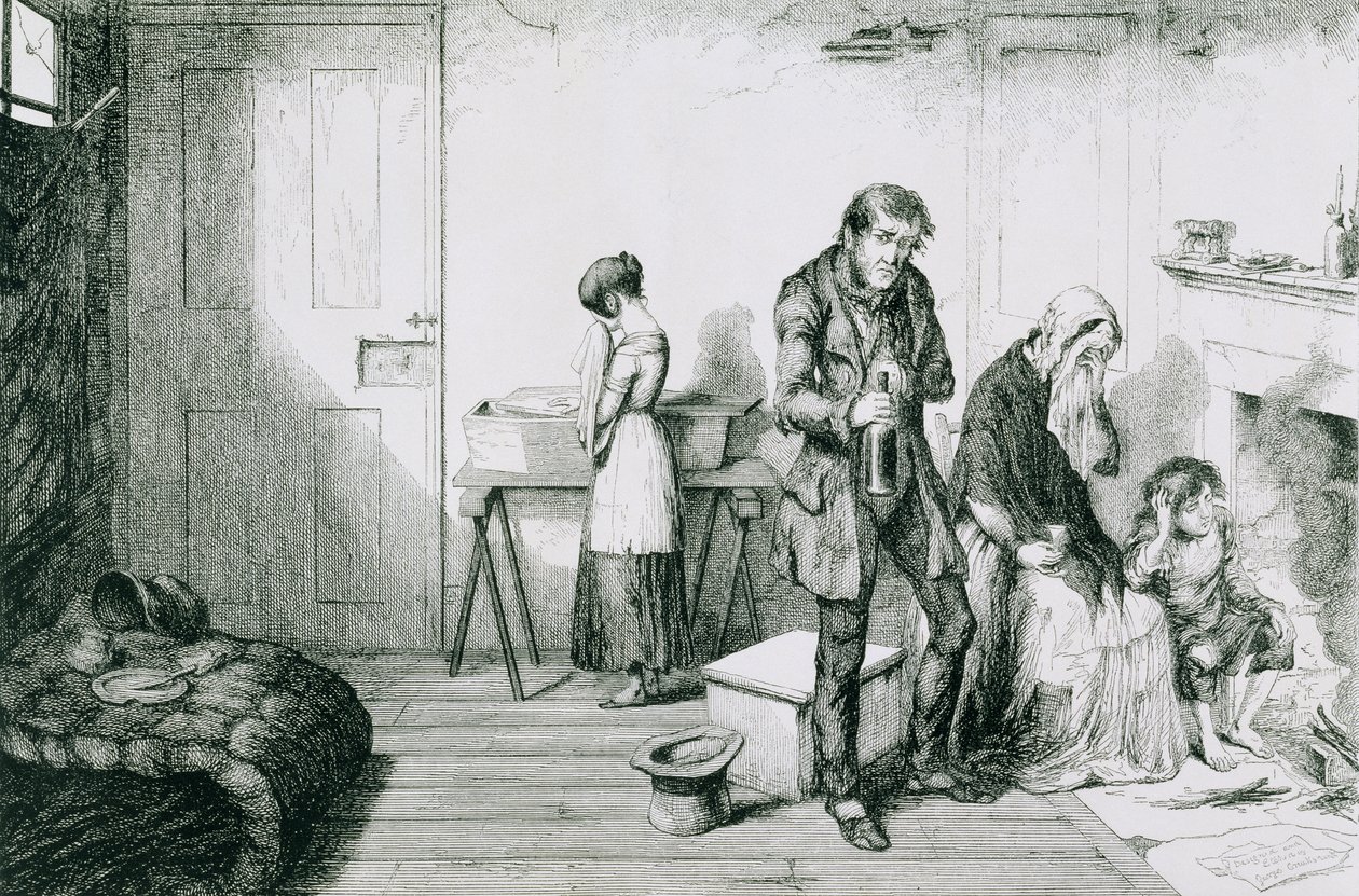 La Bouteille, Planche V, Le froid, la misère et le besoin détruisent leur plus jeune enfant : ils se consolent avec la bouteille, 1847 - George Cruikshank