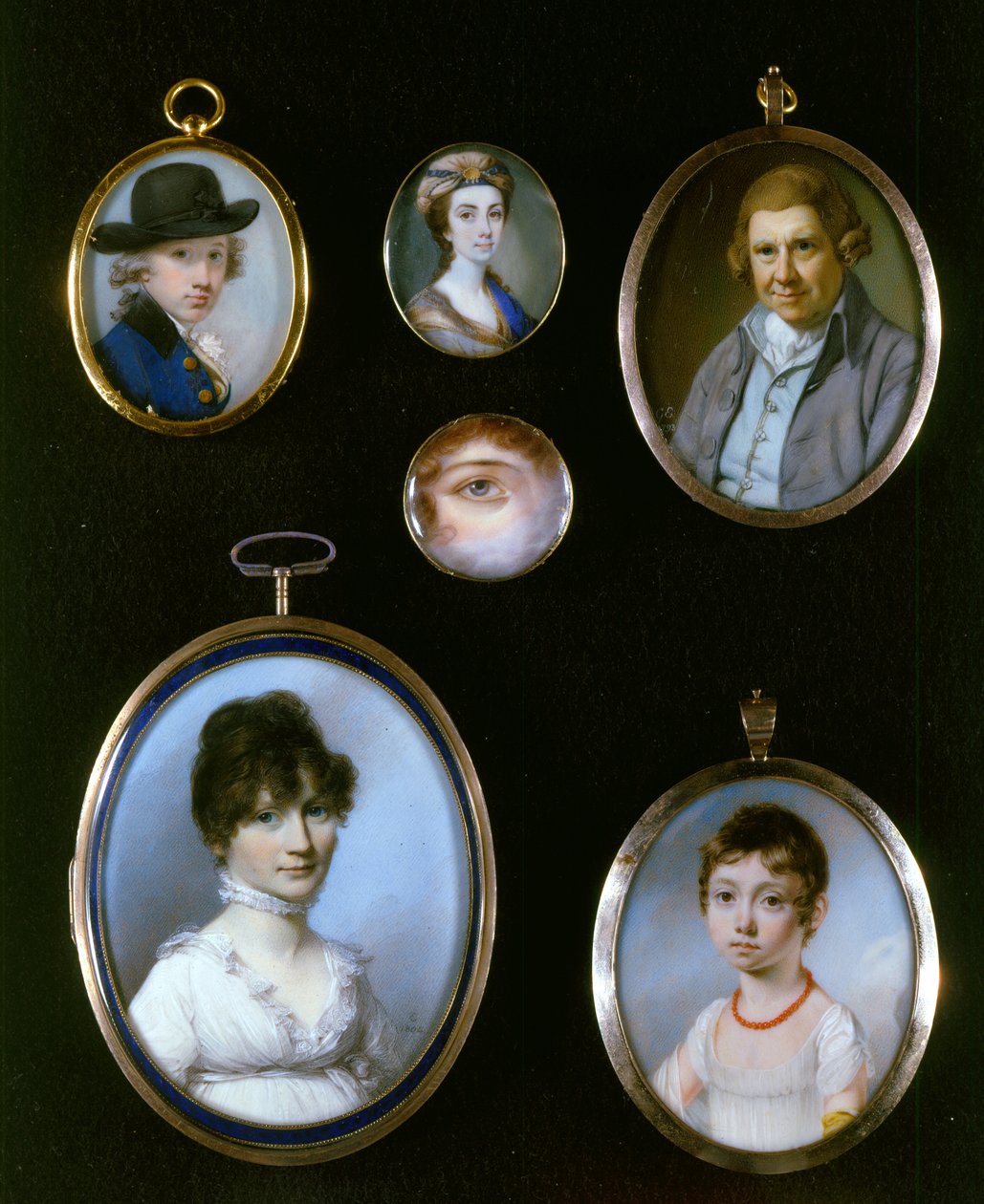 Miniatures de portraits, de gauche à droite et de haut en bas : Sir Thomas Terney ; Femme inconnue ; William Alton ; Portrait d