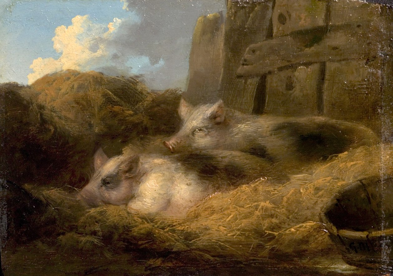 Deux cochons dans la paille (Grange avec cochons) - George Morland