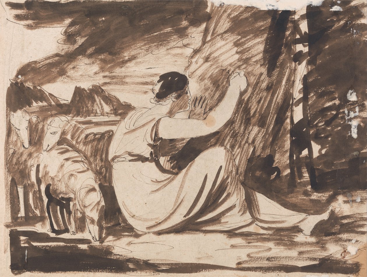 Bergère gravant une inscription sur un arbre - George Romney