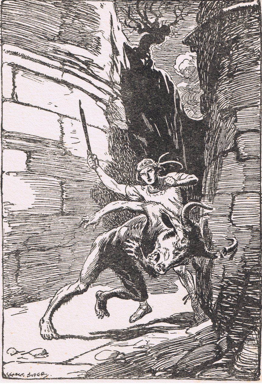 Le Minotaure : Le monstre dans sa première ruée contre Thésée, l
