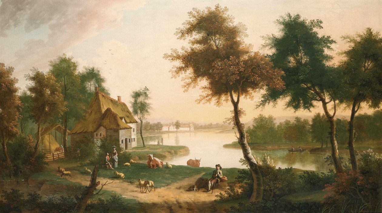Paysage fluvial étendu avec un conducteur de troupeau - George Smith