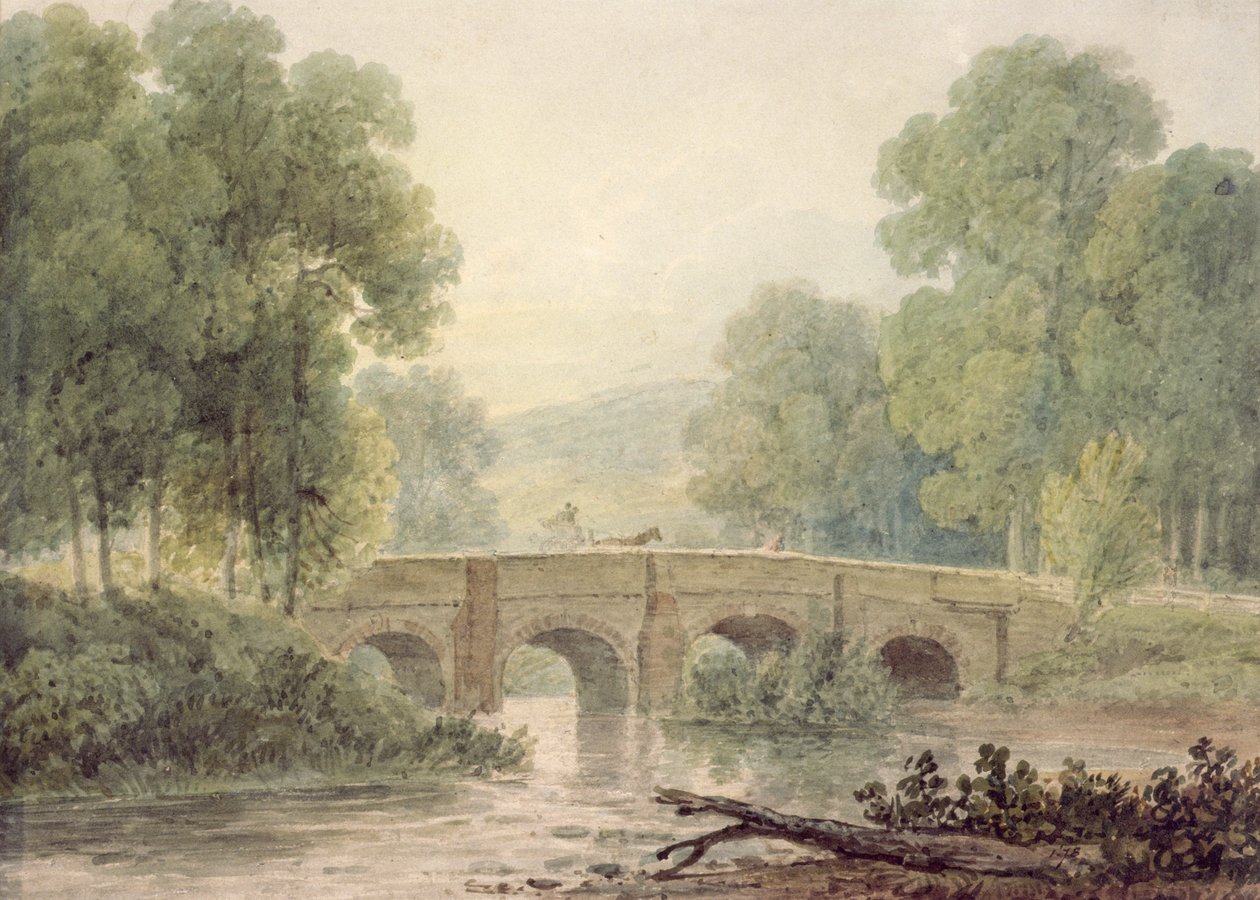Paysage Boisé avec un Pont de Pierre sur une Rivière - George the Younger Barret