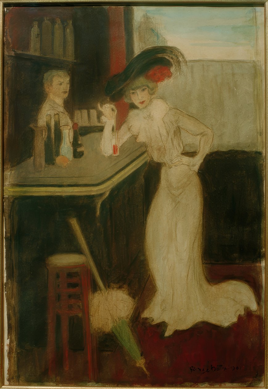 Femme avec un parasol au bar - George Bottini