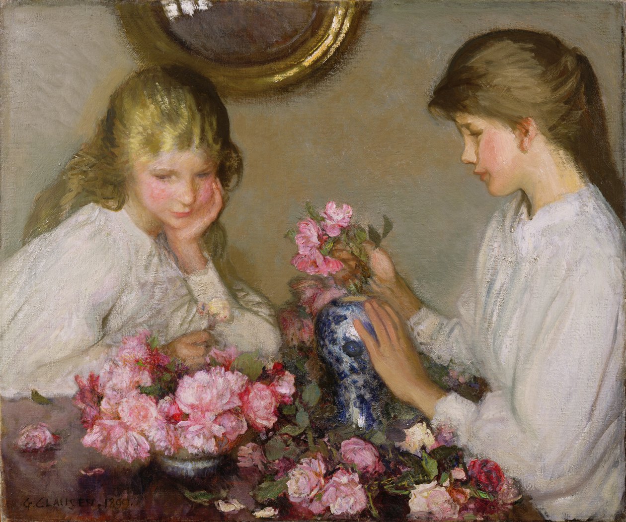 Deux filles arrangeant des bouquets - George Clausen