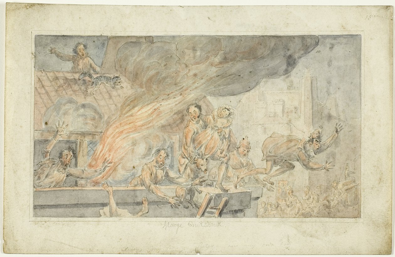 Personnes fuyant un bâtiment en feu - George Cruikshank