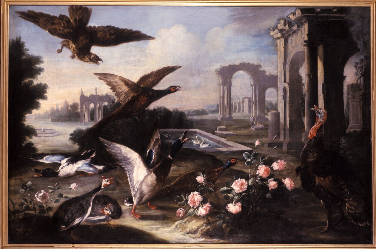 Paysage imaginaire avec ruines, faucons, dindes et canards - German School