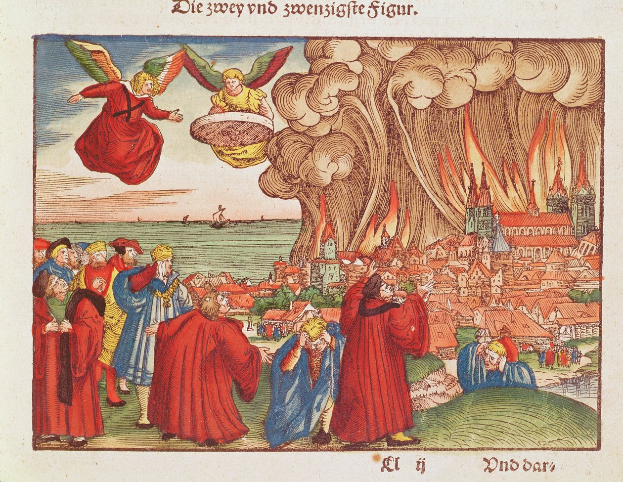 Révélation 18: Babylone brûlante, 1ère édition, de la Bible de Luther, vers 1530 (gravure sur bois en couleur) - German School